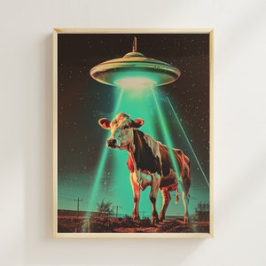 Retro UFO Poster UFO Abduction Art Funny Cow Print Alien Art Print 50s Style Print Ufo Art Gift Vintage Ufo Alien Wall Poster Space Art Cows