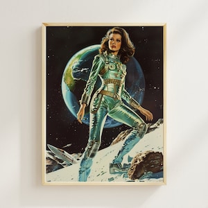 Vintage Astronaut Poster 60s Atomic Age Art 50s Retro Space Poster Comic Book Style Art Spaceship Retro Female Astronaut Futuristic Art NASA