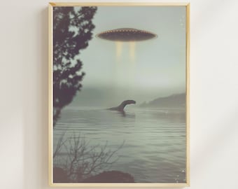 Vintage Poster Loch Ness Monster Art UFO Poster Wandkunst Surreales Poster UFO Wandkunst Fliegende Untertasse Poster Lustige Wandkunst Verschwörung Alien