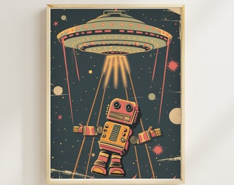 Könnte beinhalten: Eine Illustration im Retro-Stil eines Roboters, der von einer fliegenden Untertasse angehoben wird. Der Roboter ist gelb und orange mit roten Akzenten. Die Untertasse ist grau und hat einen Lichtstrahl, der auf den Roboter scheint. Der Hintergrund ist dunkelblau mit Sternen und Planeten.