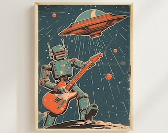 Vintage Robot Poster Retro UFO Wall Decor Robot Art Space Alien Home Decor SciFi Poster Space Geek Rock and Roll Robot Alien Abduction Art