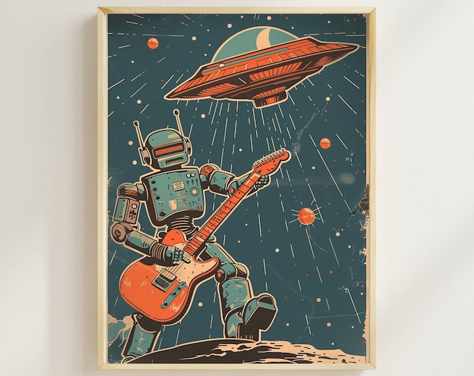 Vintage Robot Poster Retro UFO Wall Decor Robot Art Space Alien Home Decor SciFi Poster Space Geek Rock and Roll Robot Alien Abduction Art