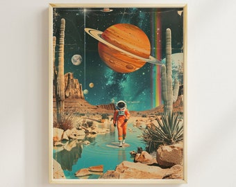 Vintage Space Art Scifi Collage Poster Space Travel Poster Vintage Rainbow Outer Space Decor Astronaut Retrofuturism Polariod Planets UFO