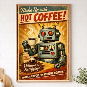 Retro Futuristic Robot Coffee Advertisement Atomic Age Vintage Kitchen Coffee Decor Mid Century Urban Industrial Style Poster