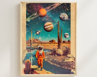 Astronauten Wandkunst Futuristisches Weltraum Kunstdruck Vintage Retro Weltraum Poster Astronaut im Weltraum Polaroid Futurismus Retro SciFi Wüstenkunst