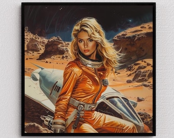 Retro ruimteastronaut poster jaren 50 'Space Gal' vintage scifi collage kunst jaren 1960 atoomtijd stripboek kunst retro futurisme jaren 50 pop fictie ufo's