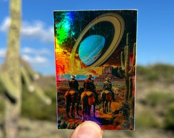 Retro Futuristic Sticker Vintage Western Sci-Fi Collage Holographic Sticker Space Retro Scifi Sticker Cowboys Cosmic Art Arizona Sticker UFO