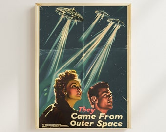 Vintage Space Art Poster 1950s Horror Movie Pop Fiction Poster Horror Art Style Space Poster Retro Movie Poster UFO Horror Abduction 50s Pop