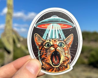 Funny Cat Sticker UFO Sticker Starring Cat Scaredy Cat Alien Sticker Weird Sticker The Alien Obsessed Cat Lover Funny Alien Sticker Space