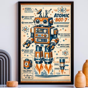 May include: A framed print featuring a retro-style illustration of a robot named "Atomic Bot-7+". The robot is orange and blue with labeled parts, including "Radar Sensor" and "Rocket-Jets". The print has a vintage aesthetic.