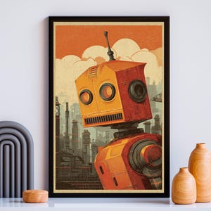 Vintage Robot Poster Art Retro-Futurism Vintage Space Art Sci-Fi Poster Steampunk Surreal Retro Wall Decor Kids Room Decor Urban Industrial