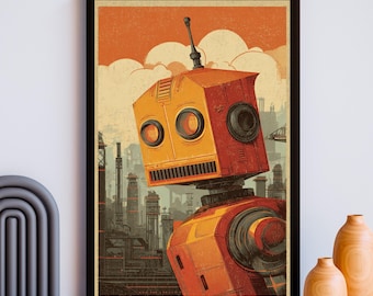 May include: Framed art print featuring a retro-style robot with a yellow head and red accents, set against a cityscape backdrop. The robot has large, circular eyes and a vintage aesthetic. The color palette includes orange, yellow, and brown tones.