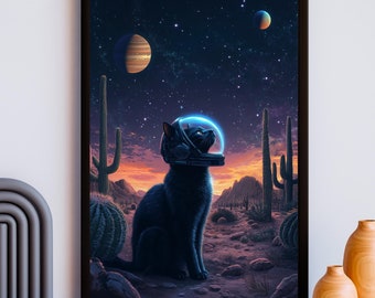 Futuristic Scifi Space Collage Poster Starring Cat Black Cat Space Poster Black Cat Surreal Cyberpunk Art Retro Futuristic Western Art Decor