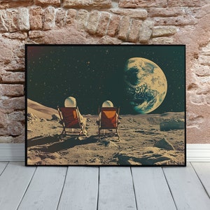 Plakat z astronautą w stylu vintage, sztuka kosmiczna „Wschód Ziemi”, retro wydruk kosmiczny, lądowanie na Księżycu, sztuka kosmiczna NASA, wydruk kosmiczny, zabawna sztuka, relaksujące wibracje, księżyc