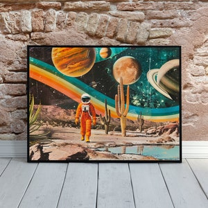Plakat Vintage Astronaut Retro Space Wall Decor Polaroid Style Space Alien Home Decor SciFi Art Polaroid Style Art Rainbow Futurism Surreal