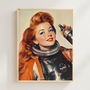 Vintage 50s Soda Ad Astronaut Poster NASA Space Woman Retro Art Print 1950s Wall Decor Gift for Science Fans Home Office/Kitchen Decoration