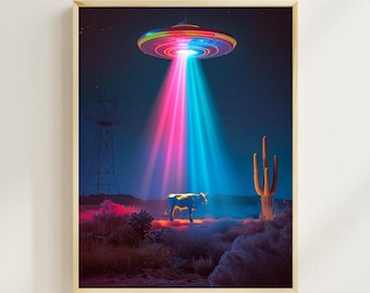 Póster retro de ovnis, arte de abducción de ovnis, divertida impresión de vaca, impresión de arte extraterrestre, regalo de ovnis, ovnis vintage, póster de arte de ciencia ficción obsesionado con los extraterrestres, póster espacial de ovnis