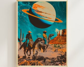 May include: Two cowboys riding camels in a desert landscape with a large planet and rings in the sky. The planet is blue and orange with a ring system. The cowboys are wearing hats and are riding the camels in a line. The desert is a mix of orange and brown colors.