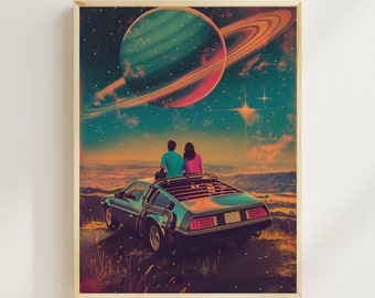 Retro Futurism | Vintage Collage Art | Scifi Poster | Romantic Art | Retro Space Poster | DeLorean Car | Premium Poster | Space Art | Saturn