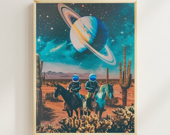Vintage Astronaut Poster Retro Futuristic Scifi Collage Wall Art Western Space Adventure Art Astronaut Cowboys Cosmic Art Arizona Desert Art