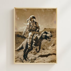 Dinozaur Astronauta Vintage Fotografia Plakat Dark Academia Gotycki Kosmos Plakat Gotycki Wystrój Domu Zachodni Jurajski Retro Futuryzm Sztuka Zabawny