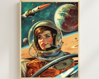 Vintage SciFi Pop Art Retro Astronaut Woman On Mars Space Poster Retro Futuristic Surrealist Collage Sci-Fi Cosmic Poster 60s Atomic Age Art
