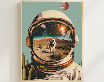 以下が含まれることがあります： レトロなスタイルのイラストで、宇宙飛行士のヘルメットに砂漠の風景がバイザーに映し出されています。宇宙飛行士は遠くの明るい太陽に向かって歩いています。背景は薄い青色で、オレンジ色と白色の星が散りばめられています。