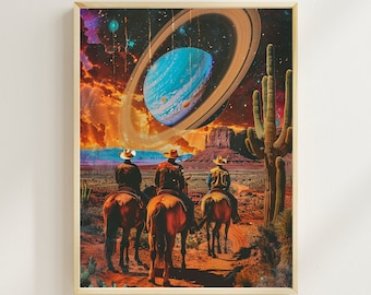 Retro Futuristic Art Vintage Western Sci-Fi Collage Art Space Adventure Retro Scifi Art Wall Art Space Cowboys Cosmic Art Arizona Desert Art