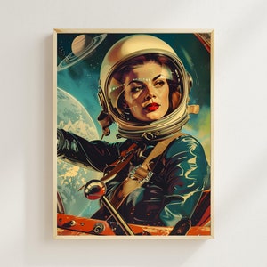 Poster retrò con astronauta spaziale, decorazione murale dell&#39;era atomica degli anni &#39;60, arte vintage con astronauta donna, arte futuristica retrò, decorazione fantascientifica vintage, arte spaziale anni &#39;50