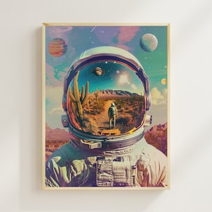 Retro Astronaut Poster Surreal Astronaut Helm Kunstdruck Psychedelische Wand Kunst Retro Futurismus Scifi Arizona Wüste Vintage Space Art NASA