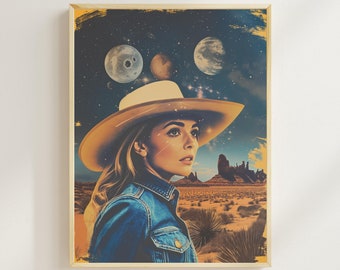 Cowgirl Art Surreal Collage Vintage Western Cowboy Wall Art Decor Poster Cowgirl Sci-Fi Retro-Future Decor Retro Futuristic Space Poster