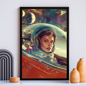Pode incluir: Uma mulher com um capacete espacial prateado olha pela janela de uma nave espacial. A nave espacial é laranja e tem uma vista de uma nebulosa colorida e planetas no fundo.