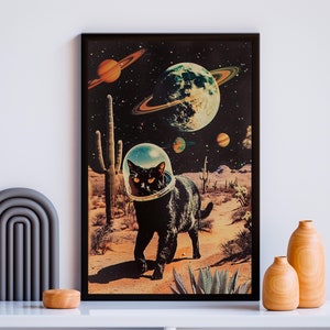 ヴィンテージSFスペースコラージュポスター、猫が主演、黒猫、宇宙ポスター、黒猫、シュールなヴェイパーウェイヴアート、レトロフューチャリスティックウエスタンアート、装飾
