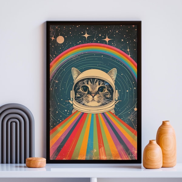 Póster de gato espacial retro protagonizado por un gato, póster espacial, póster vintage de ciencia ficción, regalo para amantes de los gatos, arte de astronauta, gato, pintura famosa de ciencia ficción, decoración de habitación infantil.