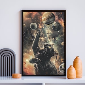 Póster de gato negro para pared, arte surrealista del espacio exterior, arte de ciencia ficción retro, regalo para amantes de los gatos, póster de arte de gato, decoración retro vintage protagonizada por un gato, regalo espacial