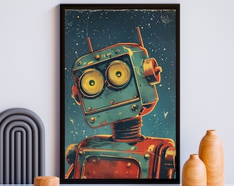 Arte robótico vintage, retrofuturismo, arte espacial vintage, póster de ciencia ficción, obra de arte cósmica surrealista, decoración de pared retro, arte de pared bonito, decoración de habitación infantil.