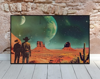 May include: Two cowboys stand in a desert landscape with a large planet and stars in the sky. The cowboys are wearing hats and are looking up at the sky. The desert is red and brown with a few cacti in the foreground.