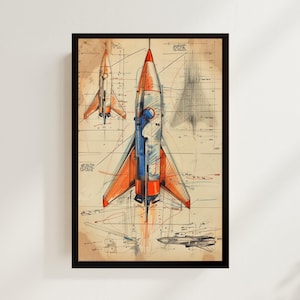 Raketdiagram Atomåldern Raketskepp Schematisk 1960-tals Sci-fi-konstaffisch Rymdaffisch NASA Rymdälskare Gåva Retro Raketaffisch Barnrumsinredning