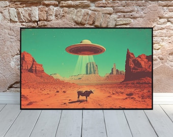 UFO Cowboy Poster, Retro Sci Fi Desert Wall Art, Alien Western Print, Weird West Decor, Vintage Southwest UFO Art