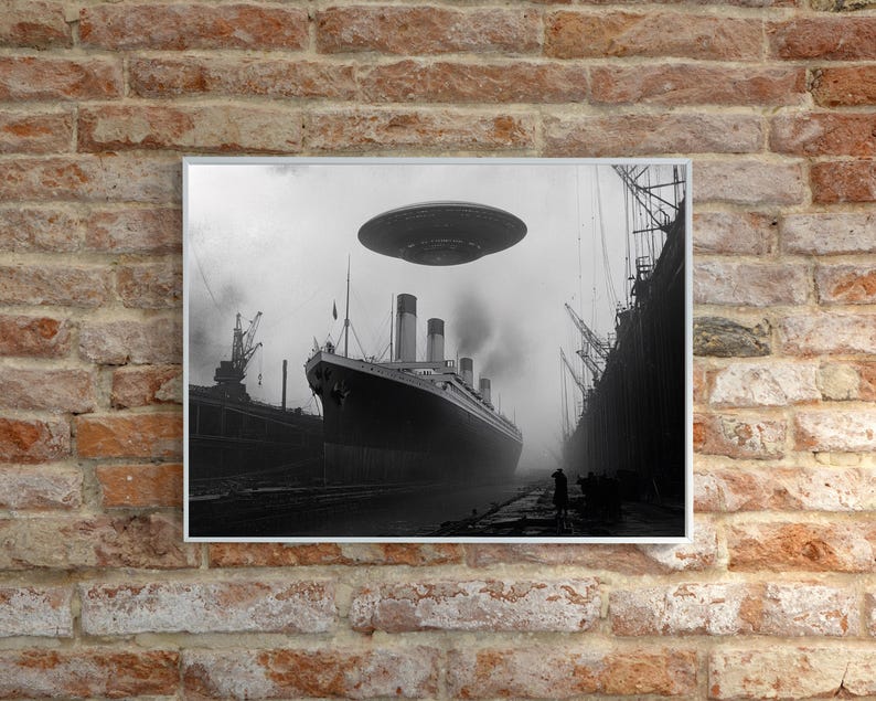 May include: A black and white photograph of the RMS Titanic docked at a shipyard, with a flying saucer hovering above it.