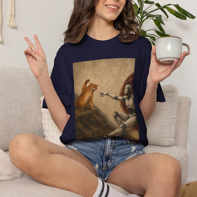 Funny Anti AI Cat TShirt Cat Famous Painting Meme Tee Cat Lover Shirt Gen Z Joke Shirt Stupid Brainrot Gift Conspiracy Theory Gen Z Fashion image 3