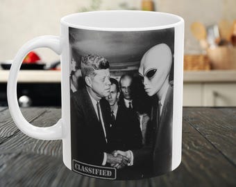 Funny JFK Alien Coffee Mug UFO Cup Conspiracy Theory Gift for Dad Funny History Gift UFO Gift Alien Gift Area 51 Space Gift Coffee Gift Ufo