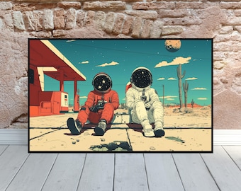 May include: Two astronauts in space suits stand in a desert landscape. One astronaut is wearing a red suit and the other is wearing a white suit. Both astronauts are holding objects in their hands. The background features a red building, cacti, and a blue sky with stars.