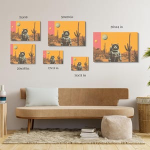 Peut inclure: Un ensemble de neuf impressions d'art num&eacute;rique repr&eacute;sentant un chat astronaute dans un paysage d&eacute;sertique avec des cactus et des plan&egrave;tes. Les impressions sont disponibles en diff&eacute;rentes tailles, allant de 14x11 pouces &agrave; 36x24 pouces.