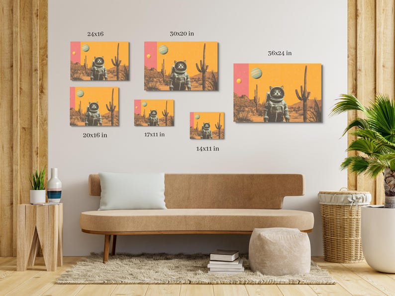 Peut inclure: Un ensemble de neuf impressions d'art num&eacute;rique repr&eacute;sentant un chat astronaute dans un paysage d&eacute;sertique avec des cactus et des plan&egrave;tes. Les impressions sont disponibles en diff&eacute;rentes tailles, allant de 14x11 pouces &agrave; 36x24 pouces.