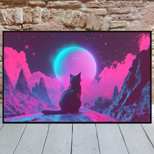 May include: A framed art print featuring a black cat silhouette gazing at a glowing blue and pink planet in a vibrant, neon-colored landscape. The artwork evokes a retro-futuristic aesthetic with a starry sky and mountainous terrain.
