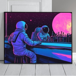 May include: Two astronauts in space suits sit at a bar in front of a large pink planet. The bar is lit with neon blue and pink lights. The astronauts are wearing helmets and have a starry background.