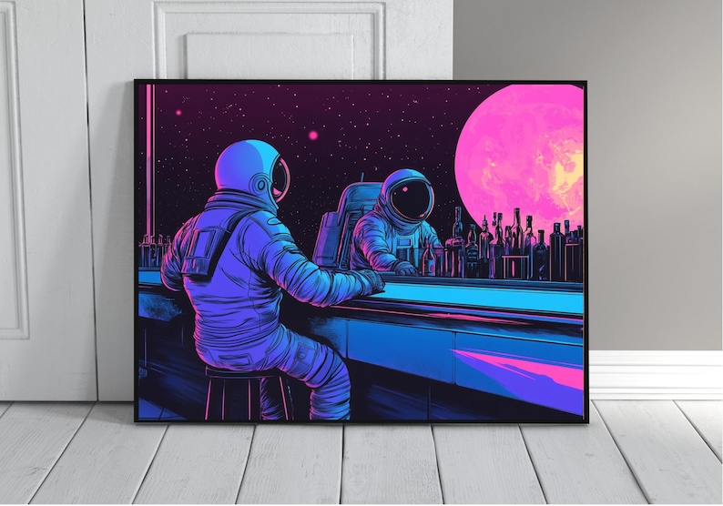 May include: Two astronauts in space suits sit at a bar in front of a large pink planet. The bar is lit with neon blue and pink lights. The astronauts are wearing helmets and have a starry background.