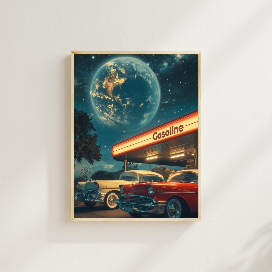 Surreal Space Poster 1950s Cosmic Gas Station Retro Scifi Collage Art ...