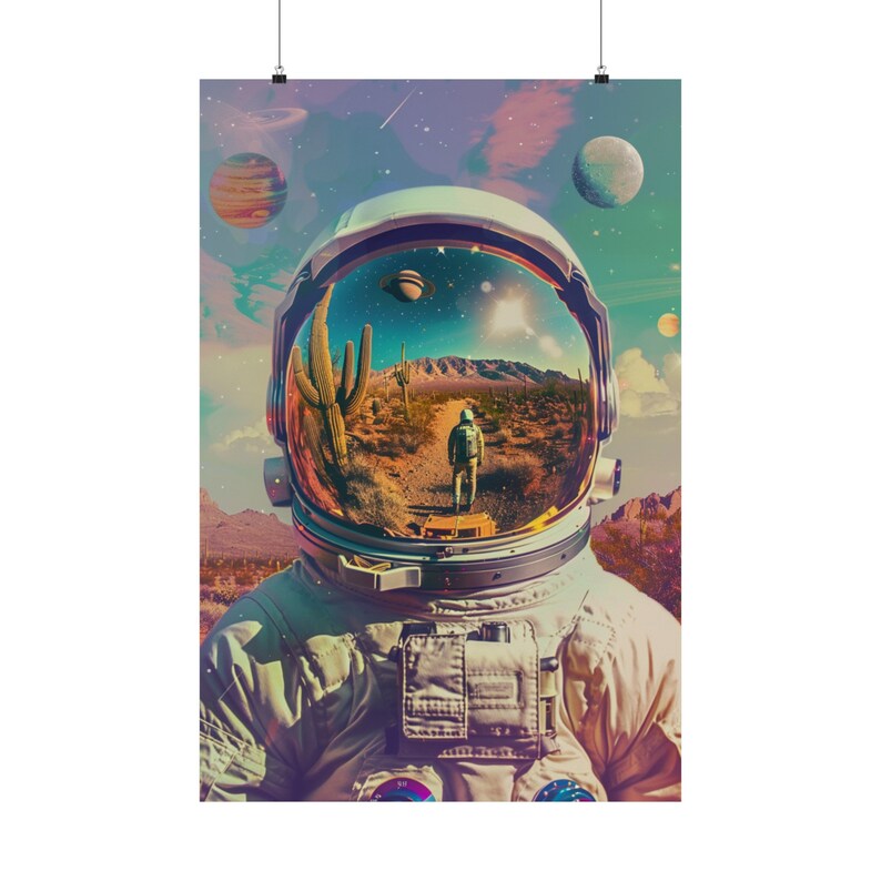 Plakat z astronautą w stylu retro, surrealistyczny hełm astronauty, wydruk artystyczny, psychodeliczna sztuka ścienna, retro futuryzm, science fiction, Arizona, pustynia, sztuka kosmiczna w stylu vintage, NASA zdjęcie 6
